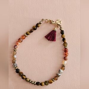 Elegant Handmade Natural Stones  Bracelet with Gold and Burgundy Tassel